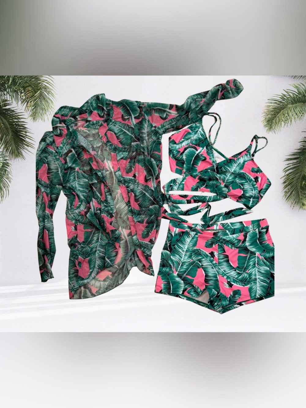 SHEIN Green & Pink Tropical Leaf Mesh Cover-Up Set
